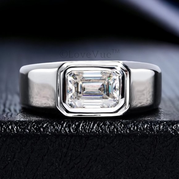 Certified 2ct. t.w. Emerald Cut Diamond Moissanite Unisex Wedding Ring VVS1 - Picture 4 of 16